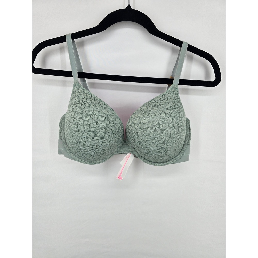 Victoria's Secret PINK Wear Everywhere Push-Up Bra 36D Sage Green Lace Leopard